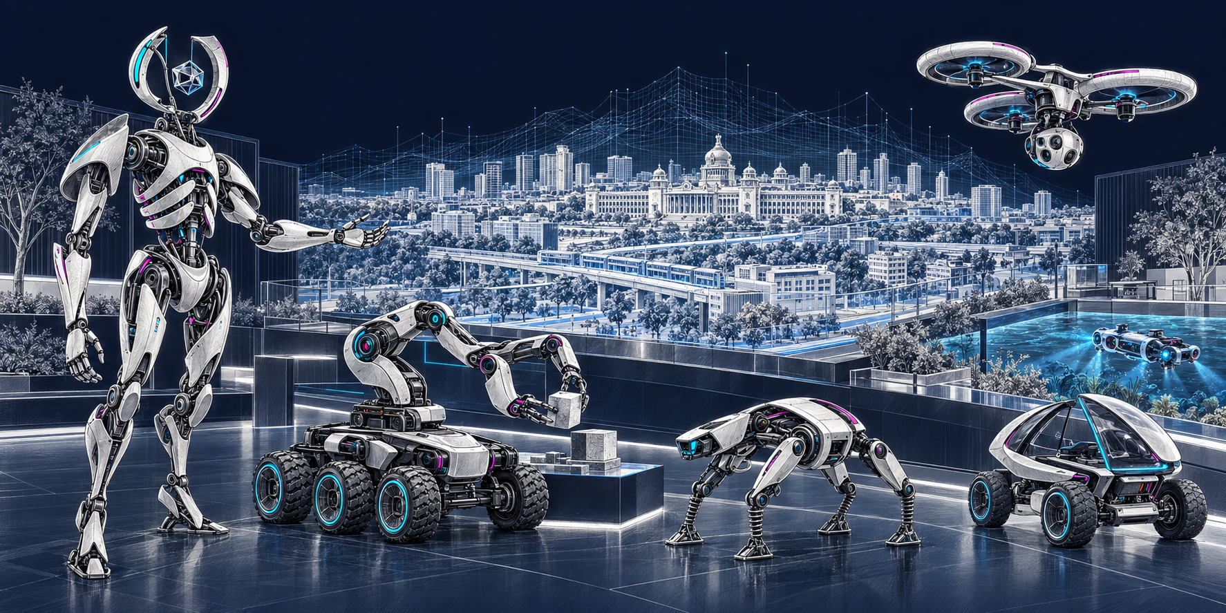 Illustration of humanoid, aerial, aquatic and autonomous robots in a futuristic Bengaluru cityscape