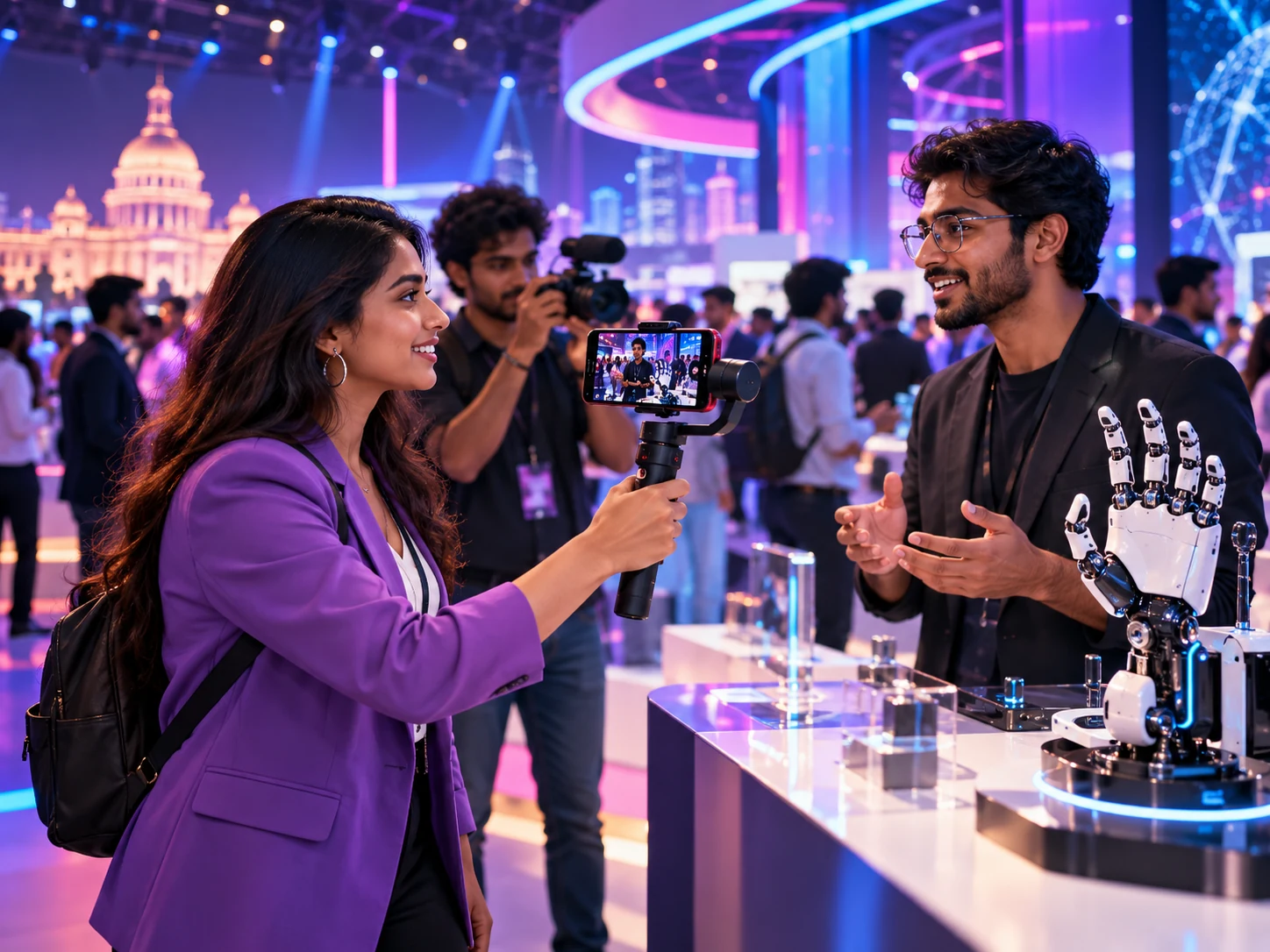 Illustration of a tech creator filming an interview beside a robotics demonstration