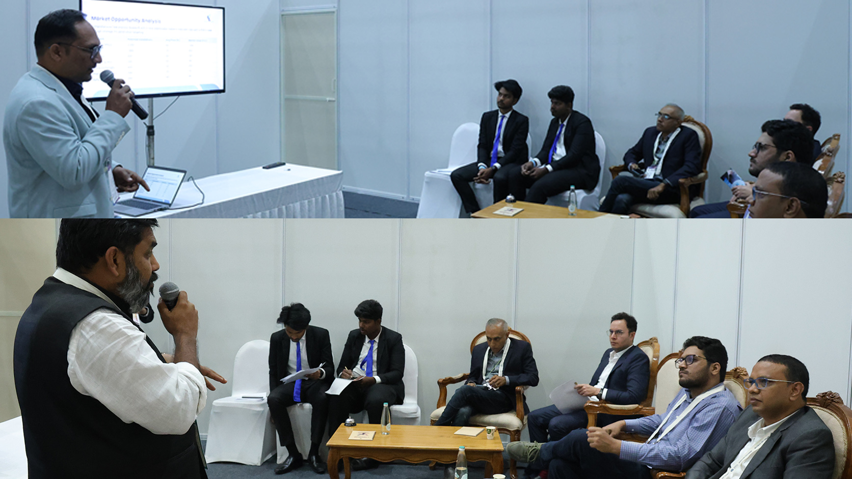 Startup founders pitching their businesses to an investor panel at Bengaluru Tech Summit